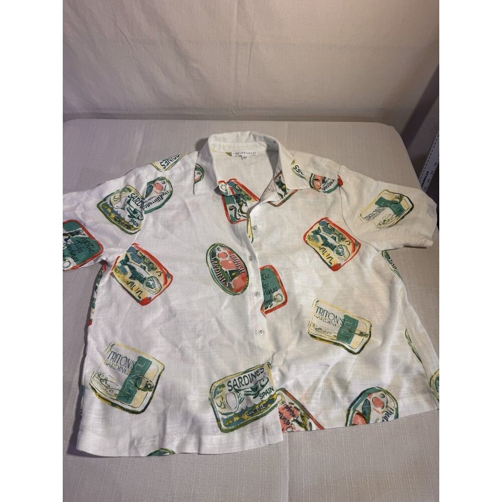 Jane + Delancey Sardine Print Shirt Women’s L Linen Blend Button Up - Picture 1 of 10